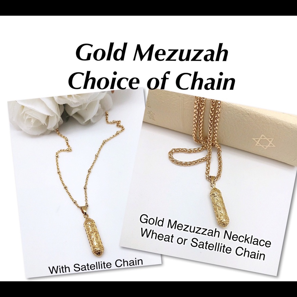 Gold Unisex Mezuzah on Satellite or Wheat Chain, 16” to 33”, Gift Boxed, NEW!